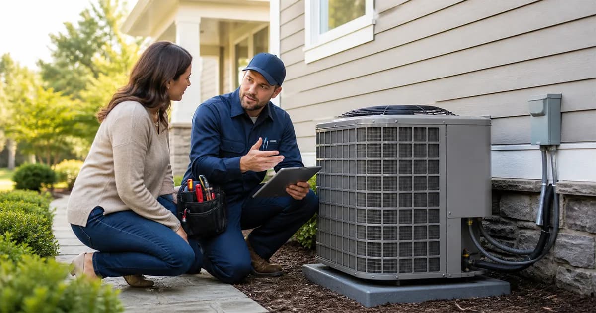 An A/C Rescue technician explains options to a homeowner.