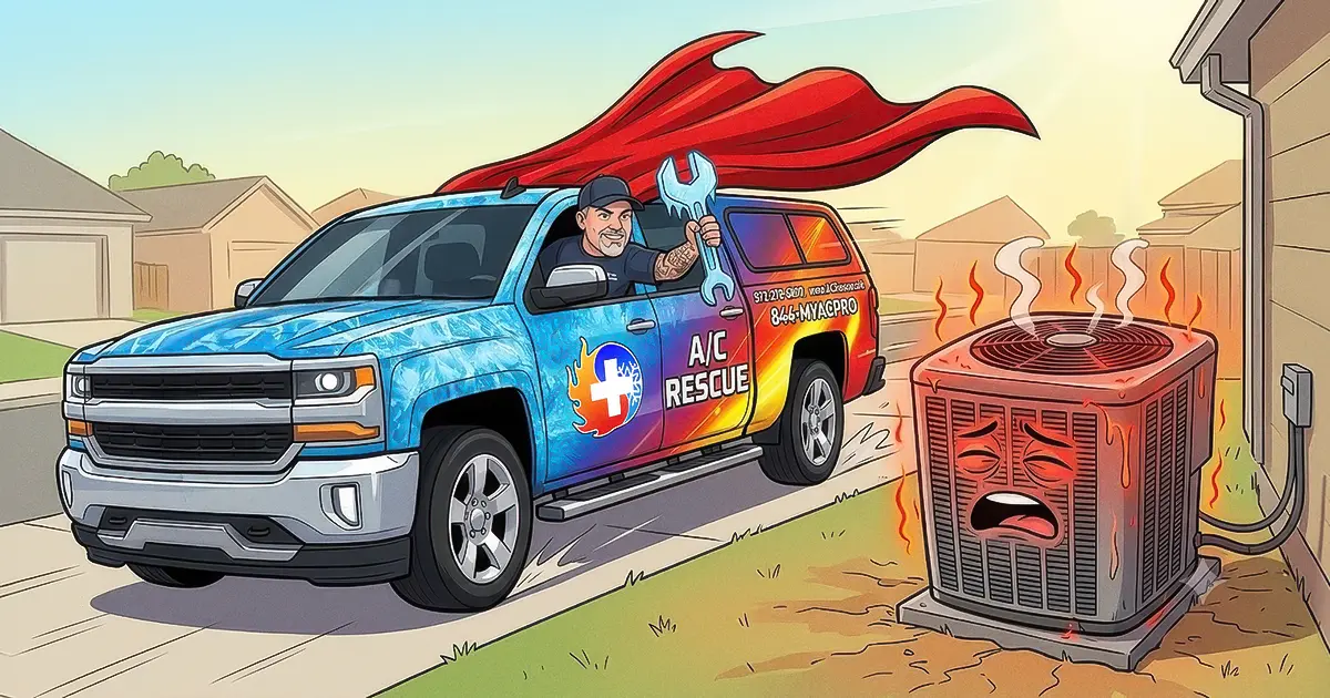 A/C Rescue technician in blue truck with red cape arrives at overheated residential air conditioning unit in Texas home during extreme summer heat