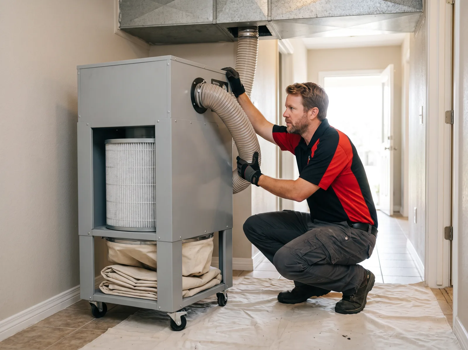 An A/C Rescue technician connecting a negative-pressure collection unit to the main trunk line of a residential duct system