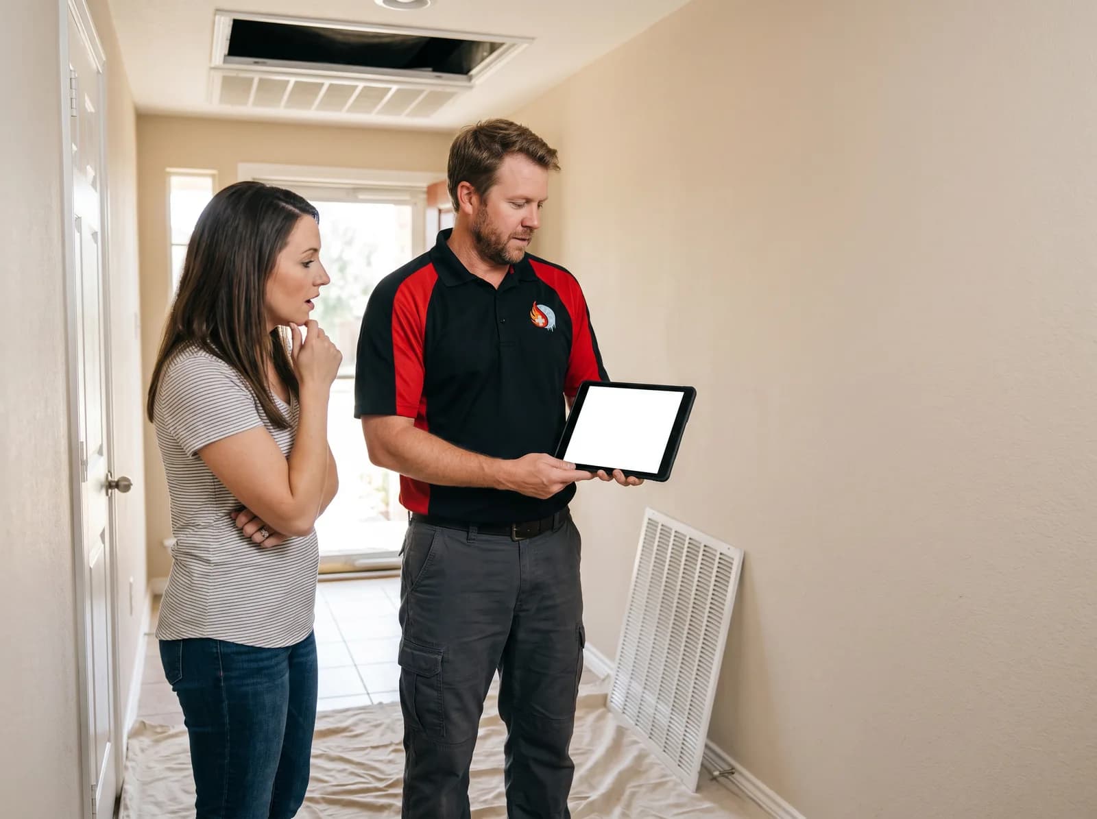 An A/C Rescue technician showing a homeowner footage of the inside of a supply duct on a camera screen at the kitchen table