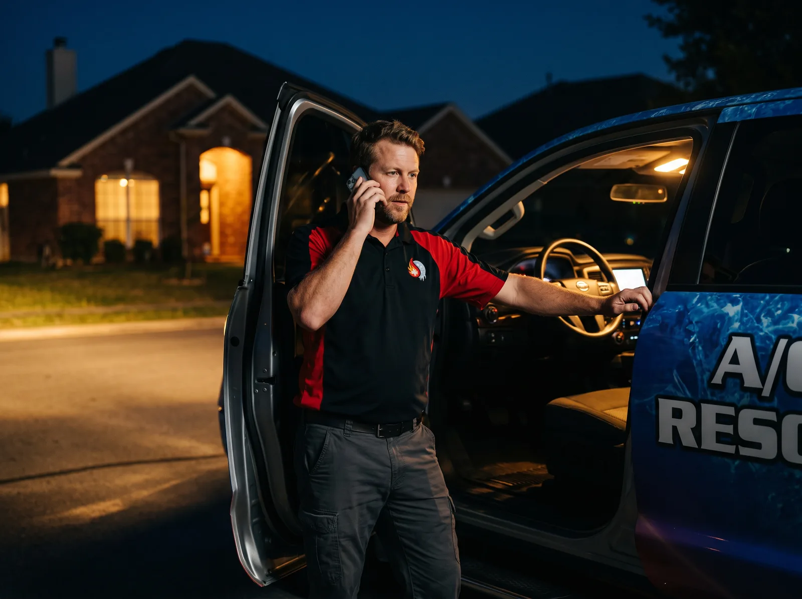 A late-night service call being answered at the A/C Rescue office with the dispatch schedule open on screen