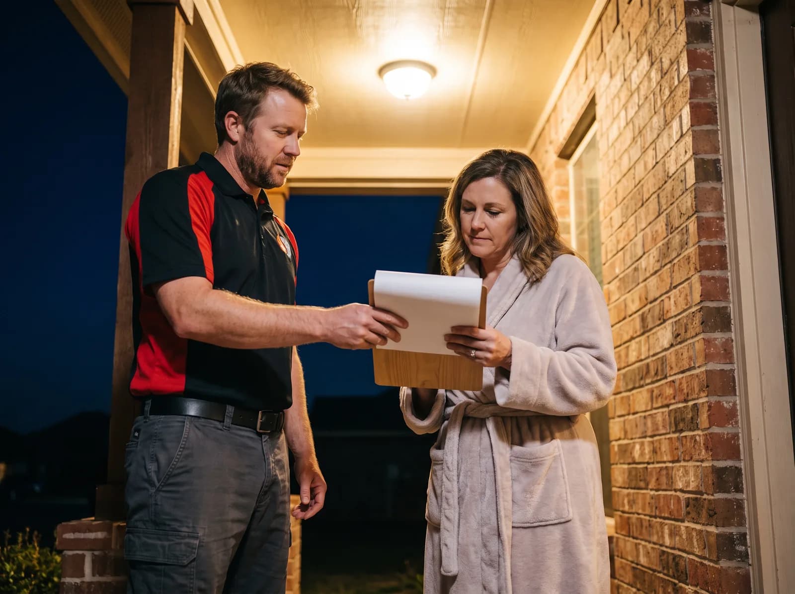 An A/C Rescue technician handing a homeowner a written repair price on a front porch after dark