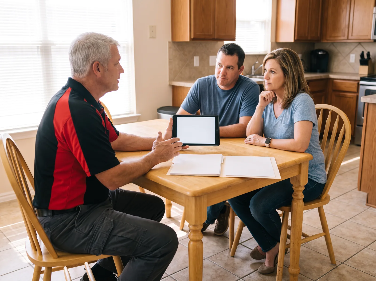 An A/C Rescue technician at a kitchen table showing a homeowner written gas furnace and heat pump options side by side