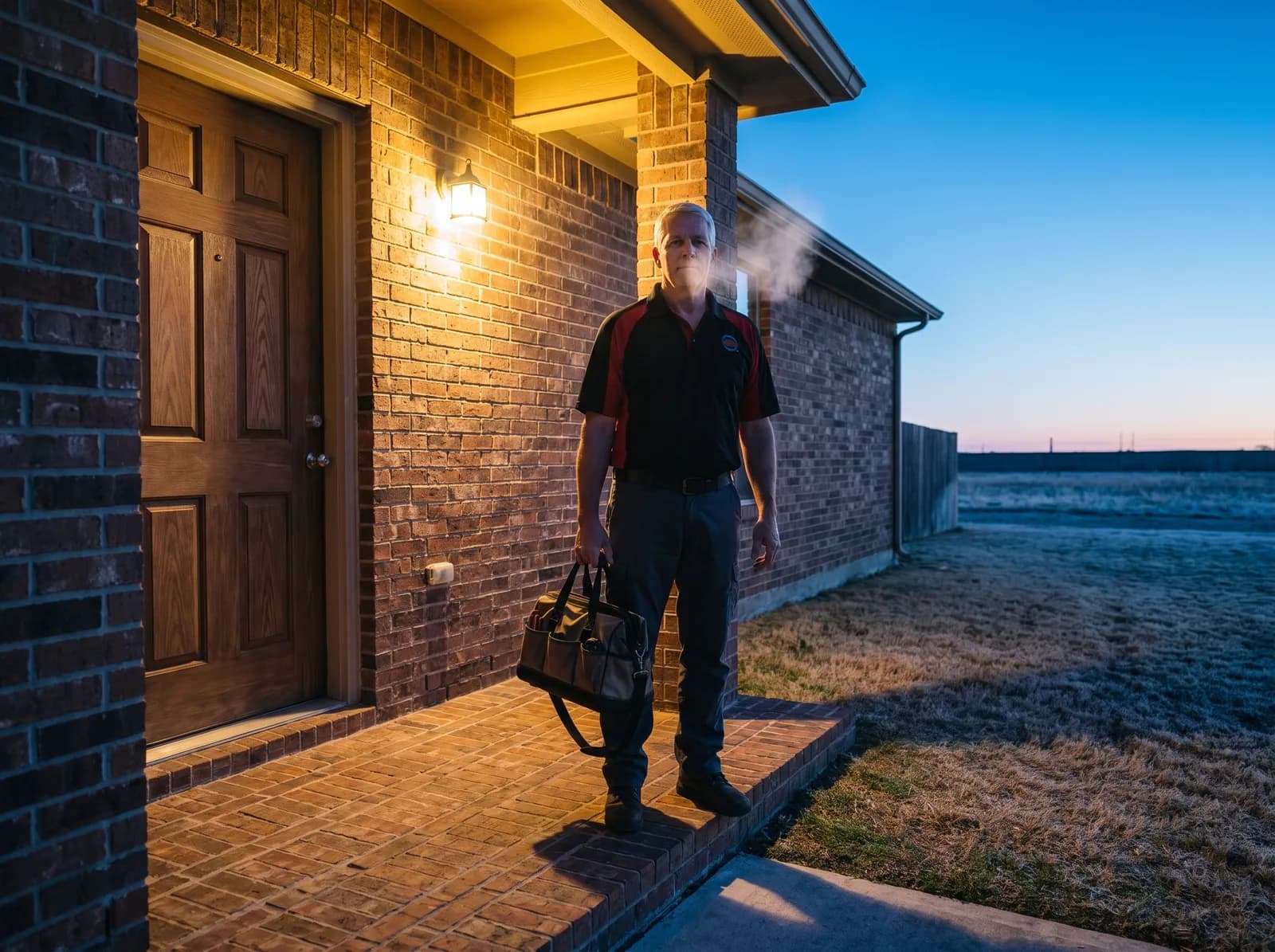 An A/C Rescue technician arriving at the front door of a Royse City home on a freezing winter morning with a service bag