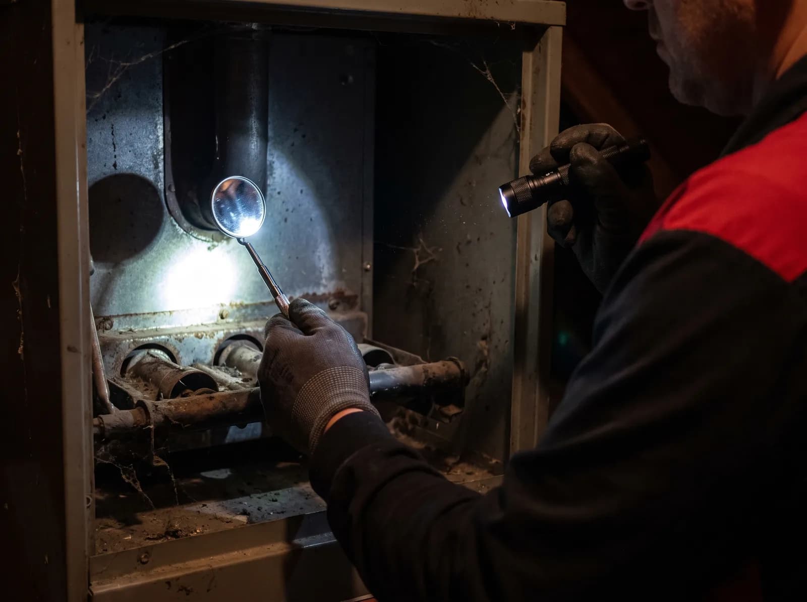 A technician inspecting a gas furnace heat exchanger through the open burner compartment using an inspection mirror and work light