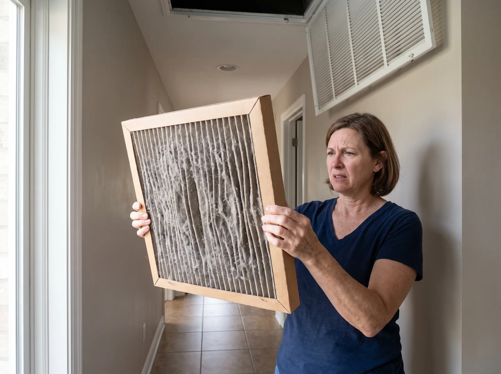 A homeowner in a Rockwall County hallway holding a gray, dust-loaded pleated filter just pulled from the return grille
