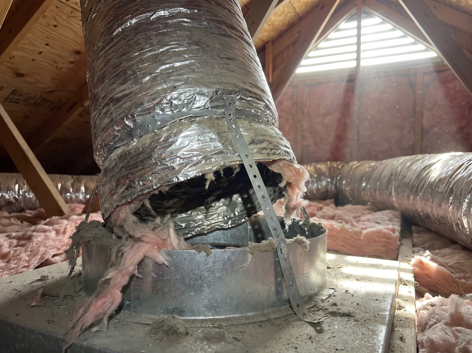 A flex duct collar pulled partly away from the plenum in a hot Texas attic, with loose insulation and dust around the joint