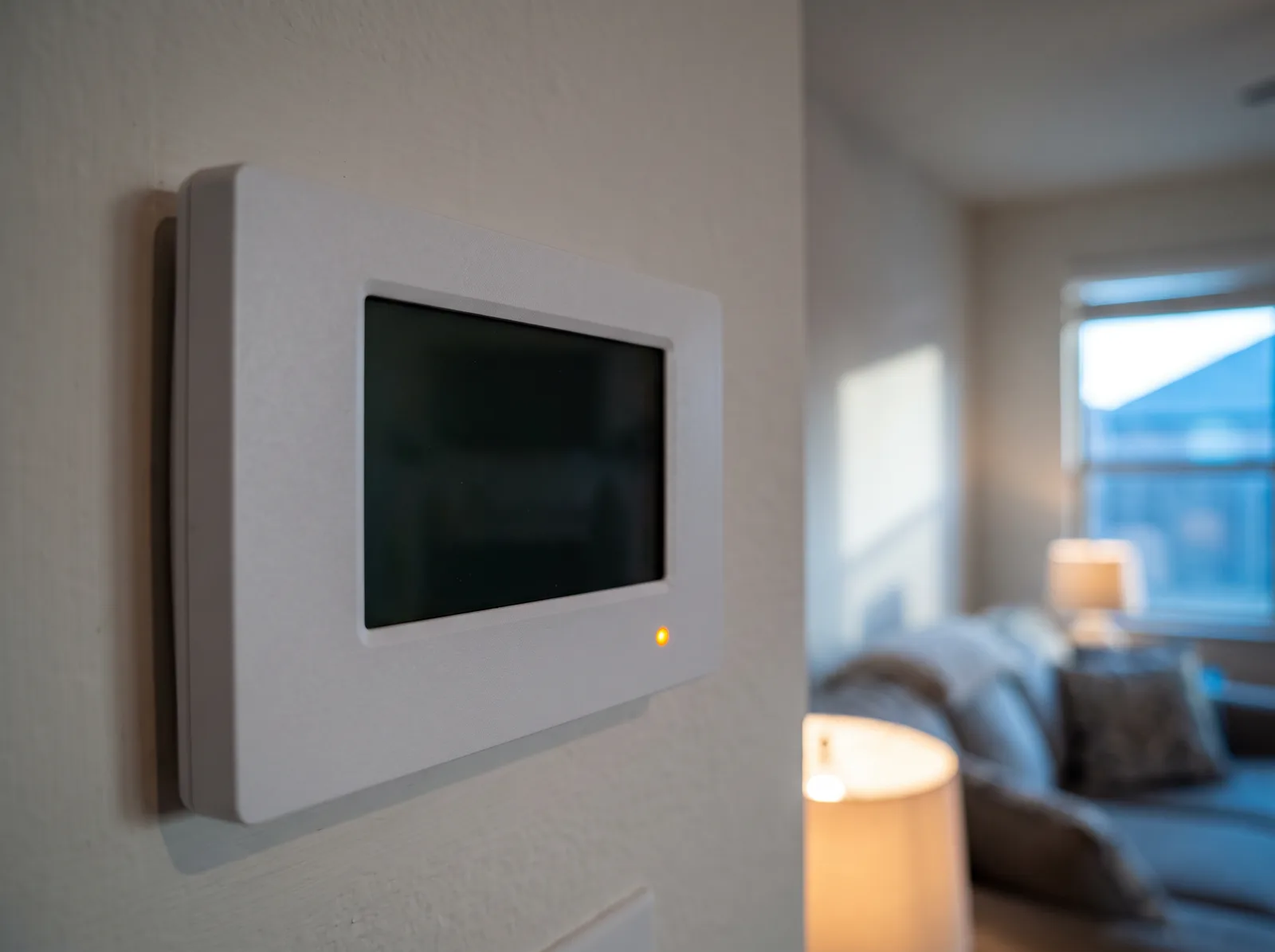 Close-up of a smart thermostat display showing an auxiliary heat indicator on a mild winter day
