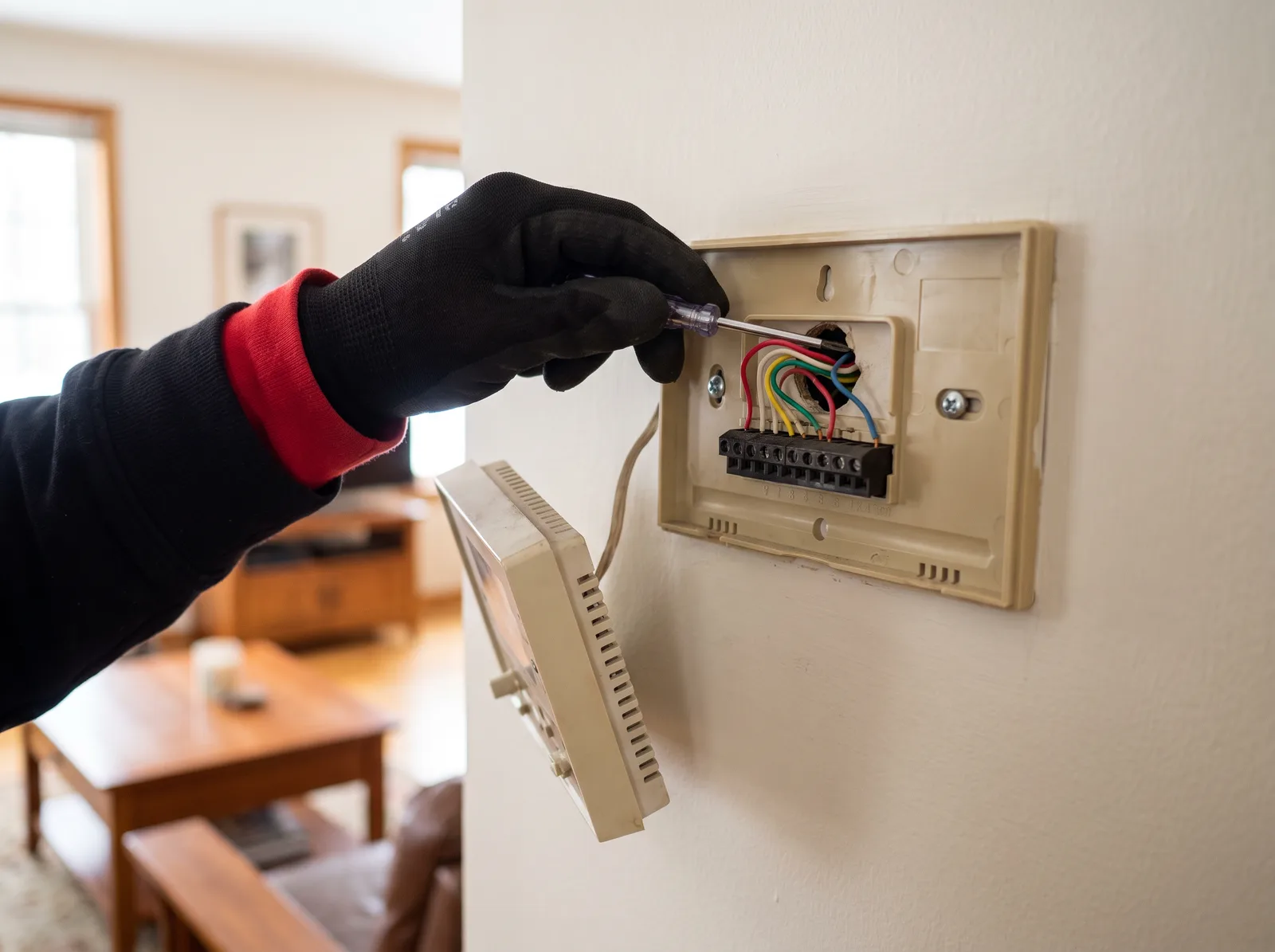 A technician holding a thermostat faceplate away from the wall to show four low-voltage conductors behind it with no common wire connected