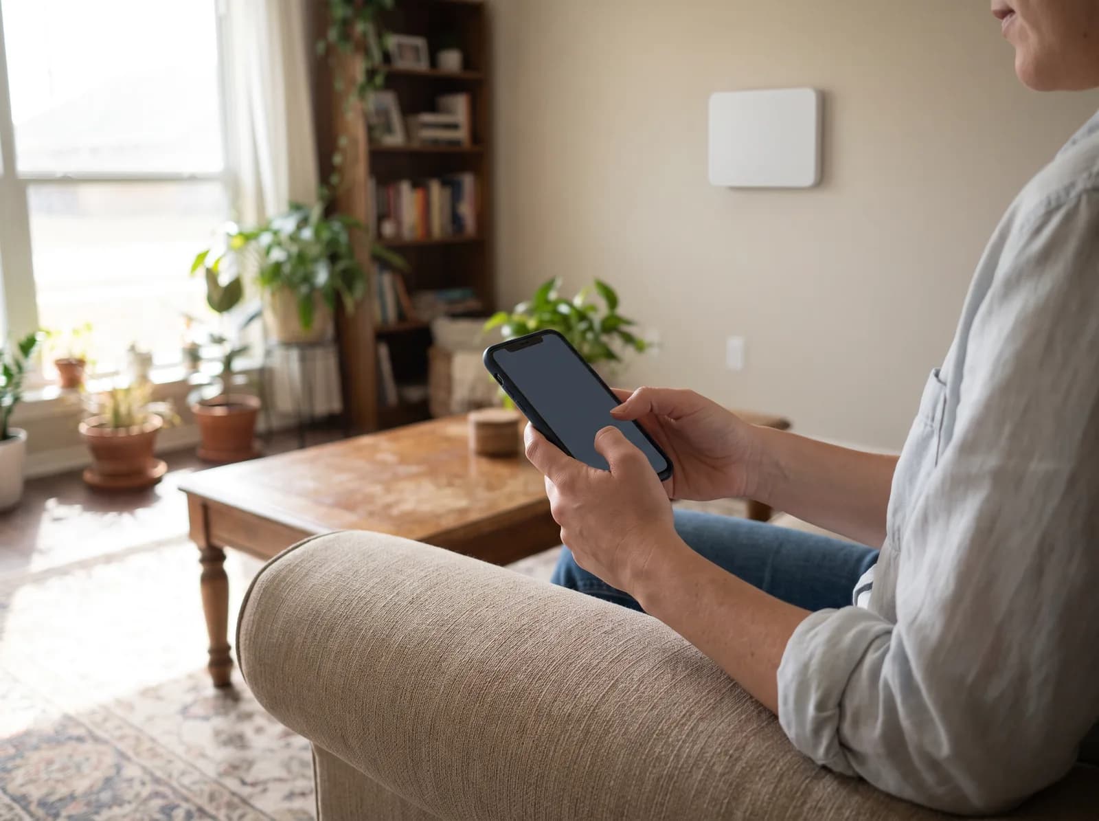 A homeowner setting a heating and cooling schedule on a phone app in a living room, with the wall thermostat visible behind