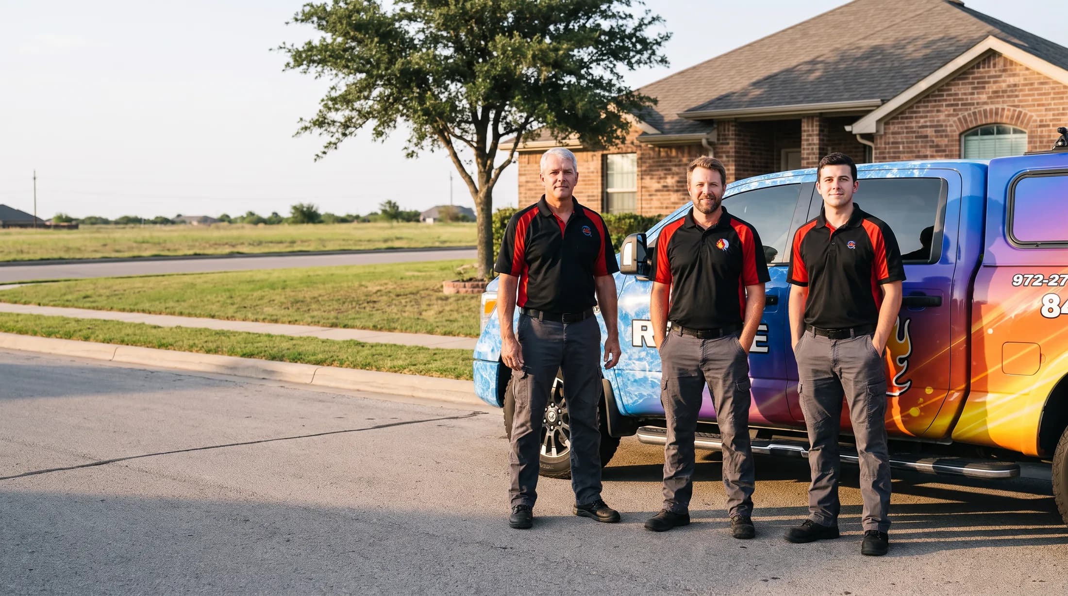 The A/C Rescue crew with their wrapped service truck outside a Rockwall-area home at golden hour