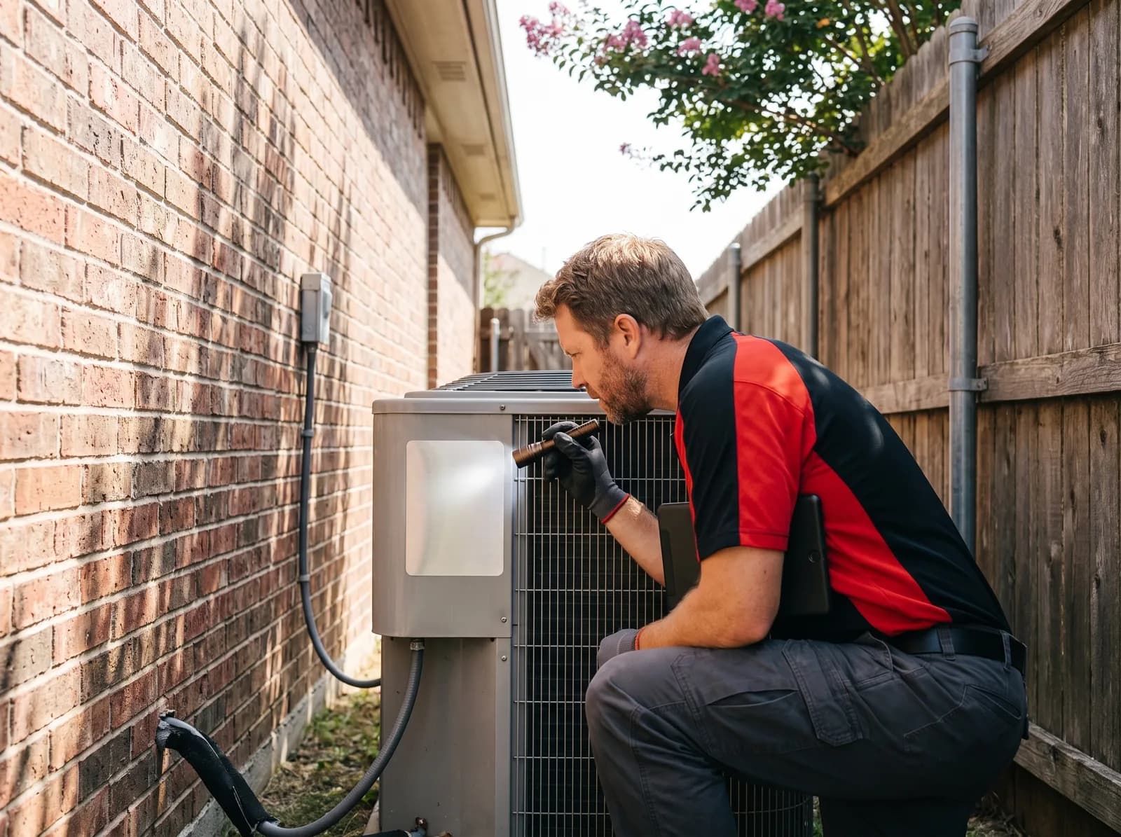 An A/C Rescue technician reading the refrigerant type and charge weight off the data plate on an outdoor condenser
