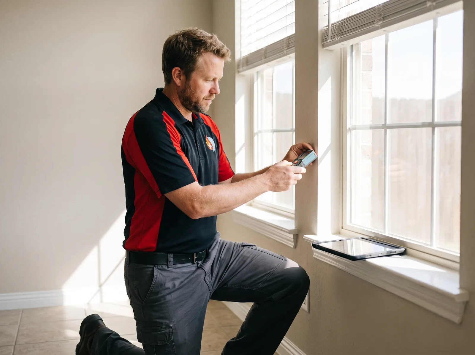 An A/C Rescue technician measuring a west-facing window and recording room dimensions on a tablet for a Manual J load calculation