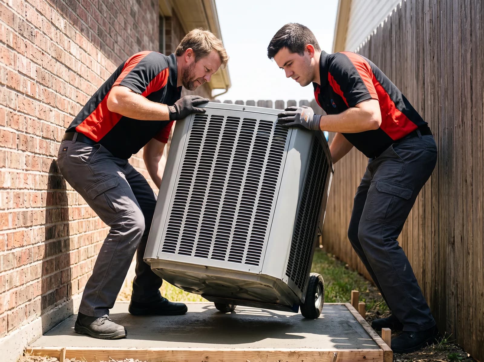 Two A/C Rescue technicians setting a new American Standard condenser onto a level pad beside a Royse City home