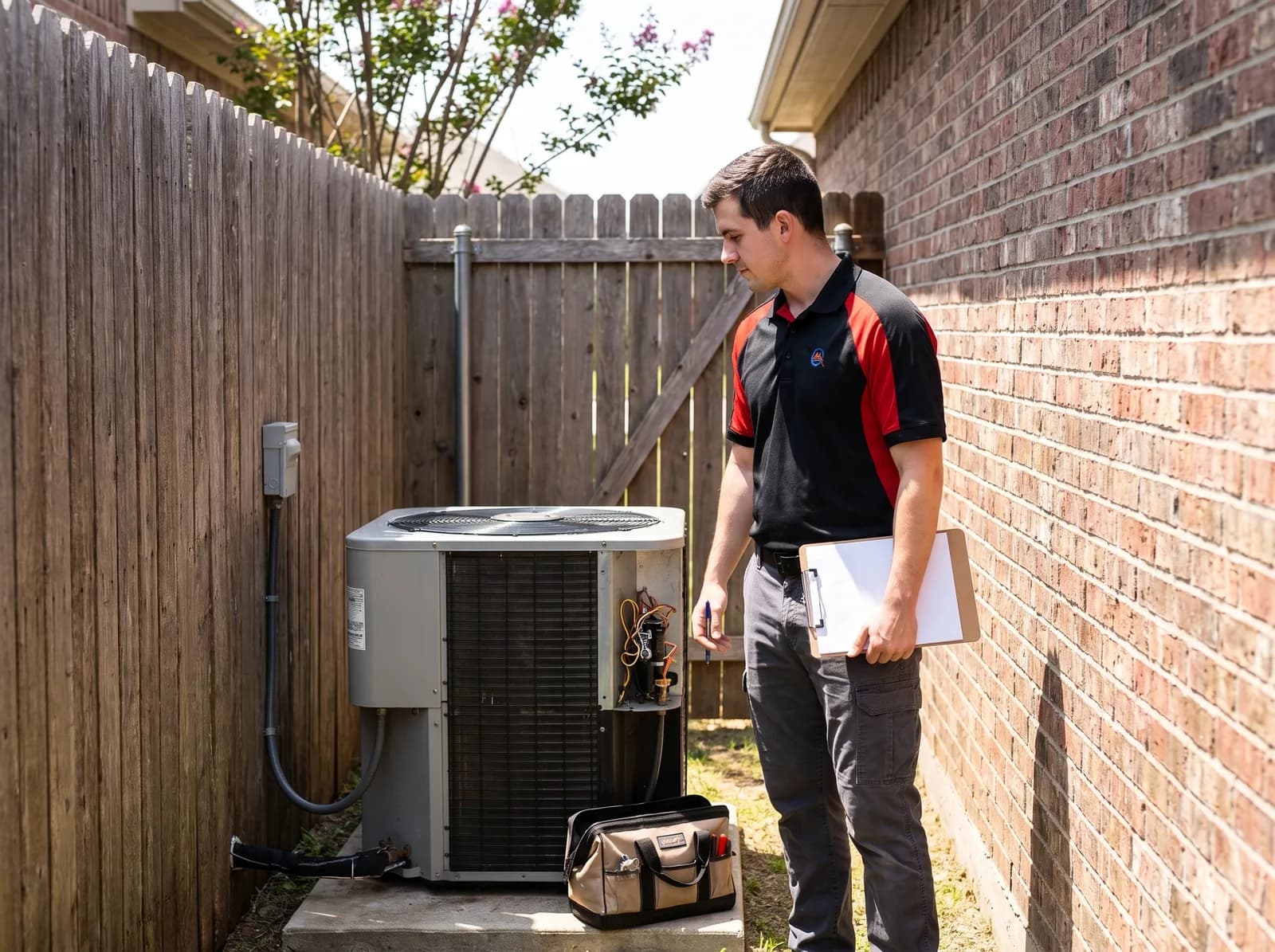 An A/C Rescue technician writing down capacitor and amp draw readings beside an open outdoor condenser
