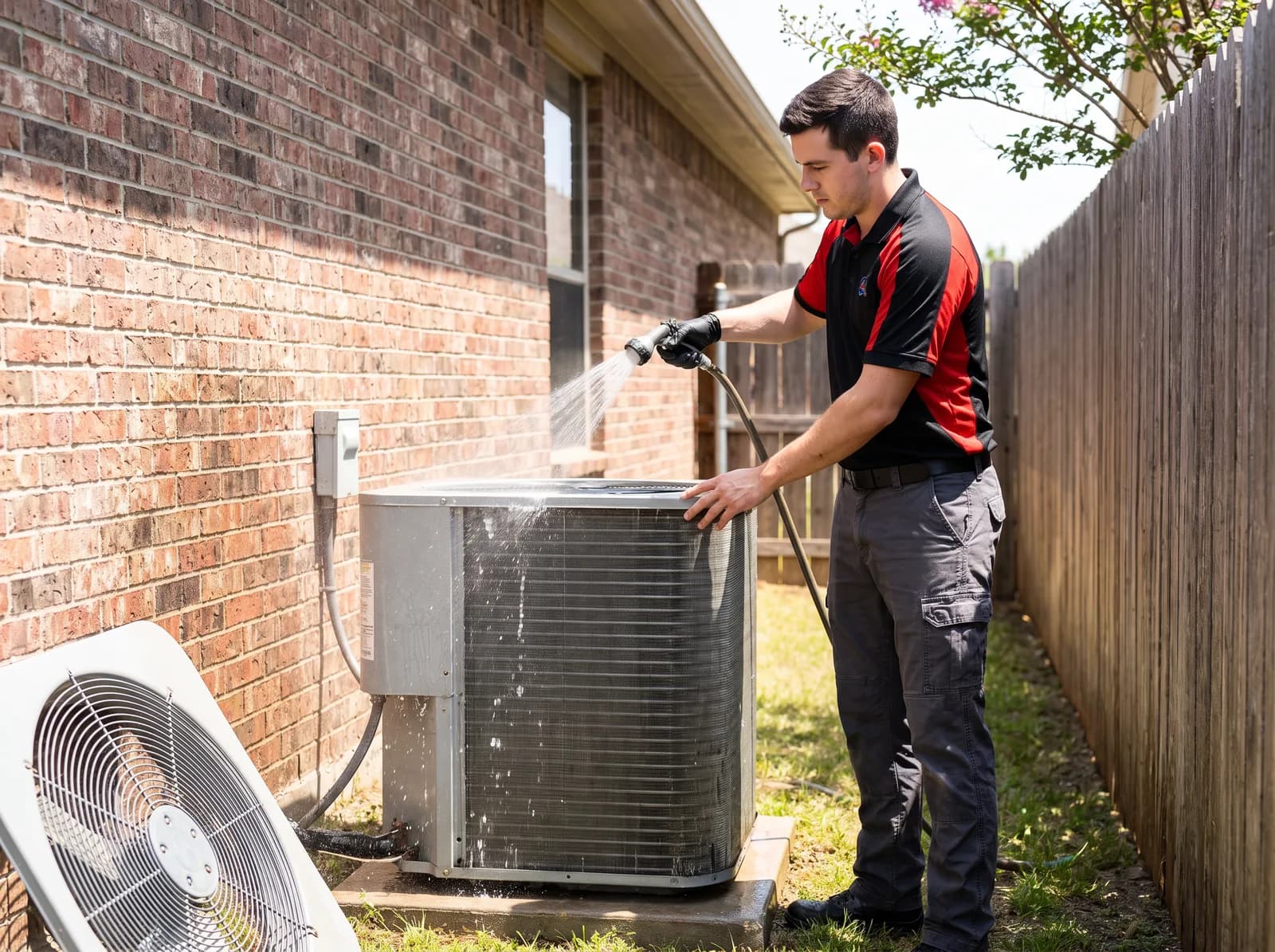 A technician rinsing an outdoor condenser coil with a hose on a mild spring morning outside a Texas home