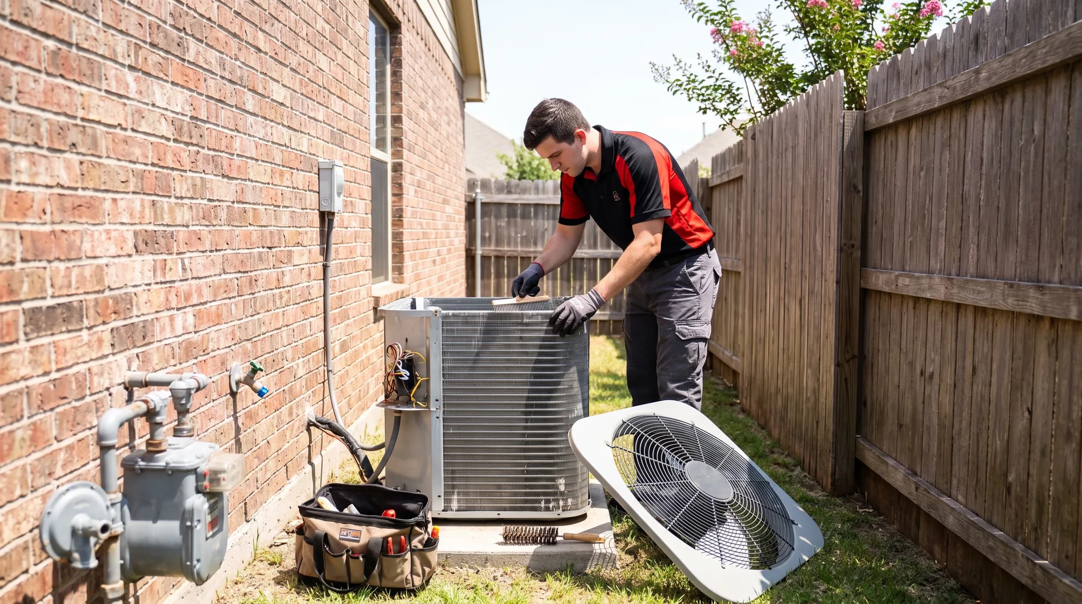An A/C Rescue technician working through a tune-up at an outdoor condenser