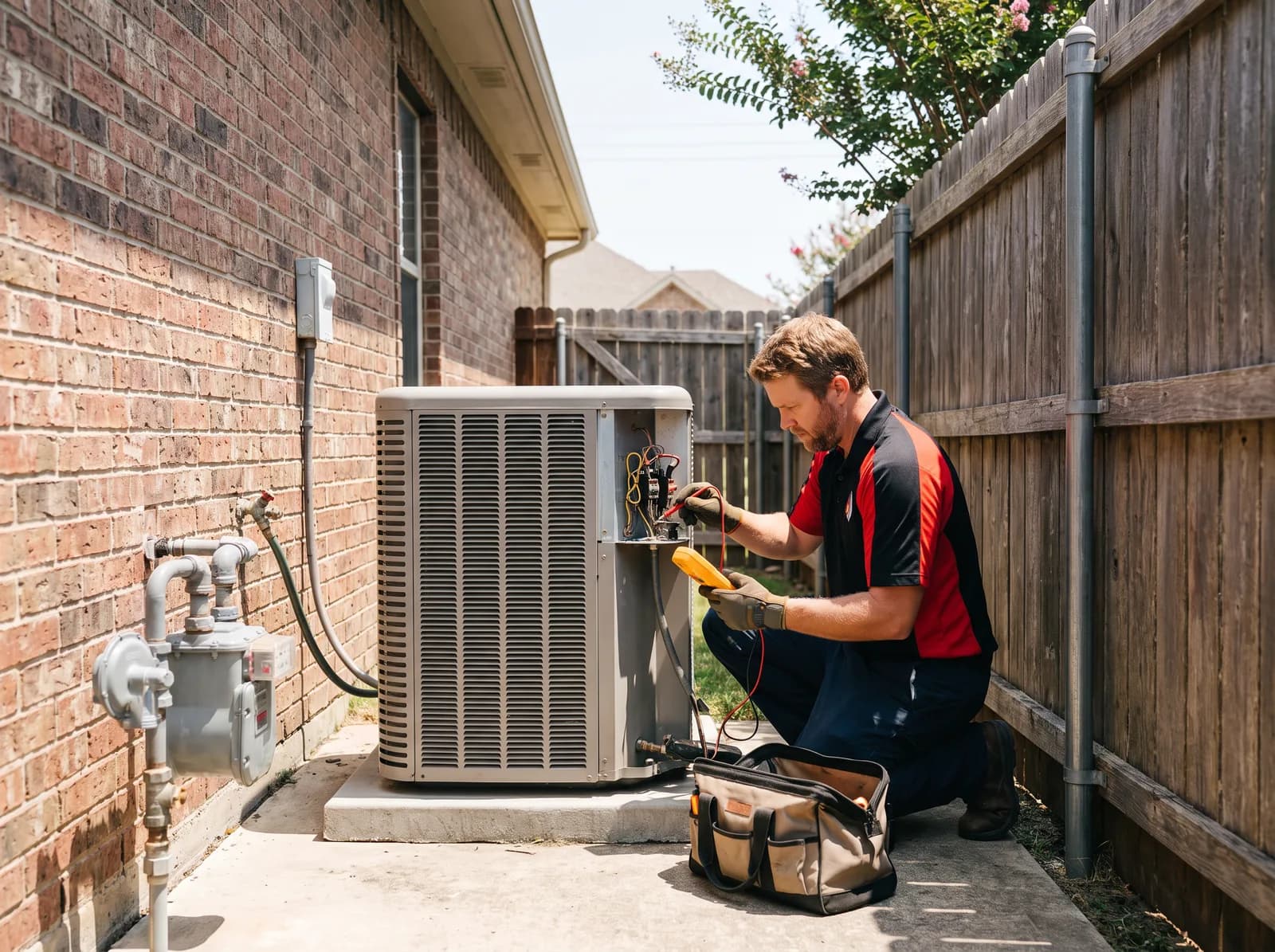 An A/C Rescue technician taking a meter reading at an outdoor condenser