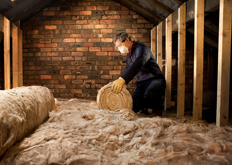 Laying down insulation in an attic.