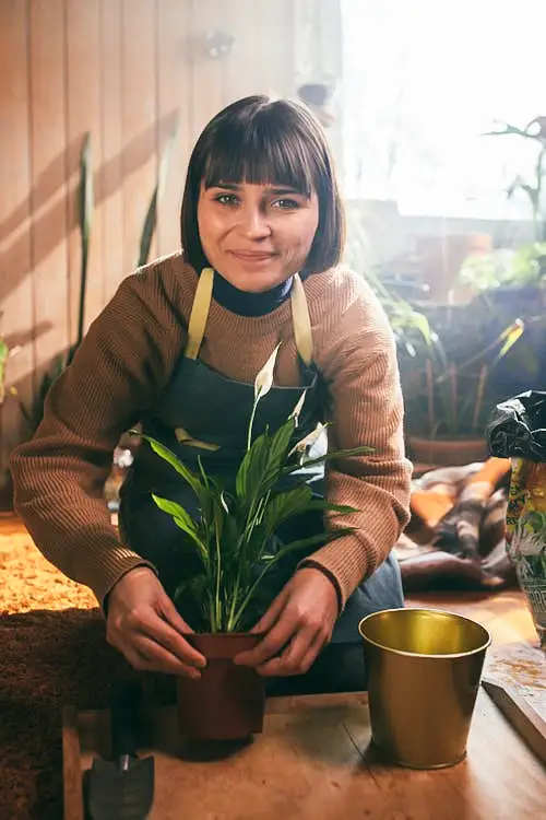 A woman repots a plant inside her home while breathing fresh air.
