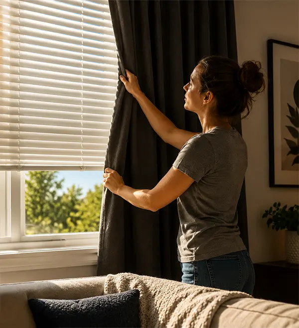 Woman opening dark curtains beside venetian blinds during bright Dallas summer afternoon indoors
