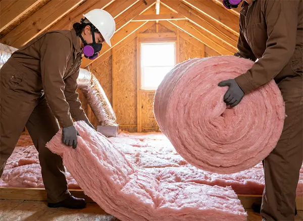 Two HVAC technicians in hard hats installing pink fiberglass insulation in an attic with wooden framing and a window.