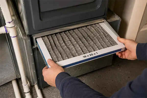 Technician holding a dirty gray AC air filter labeled 16 x 25 x 1 during maintenance inspection
