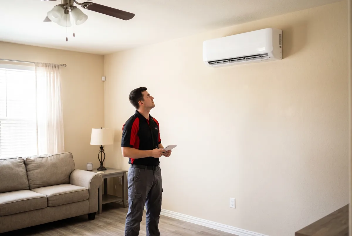 An A/C Rescue technician checking a newly installed wall-mounted ductless mini-split unit in a North Texas living room