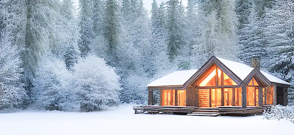 A warm cozy home in the middle of a snow and ice covered forest.