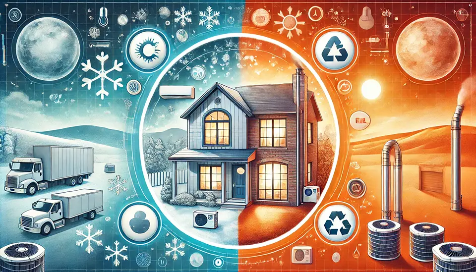 A graphic depicting a home in winter and summer, to illustrate the carbon footprint of both.