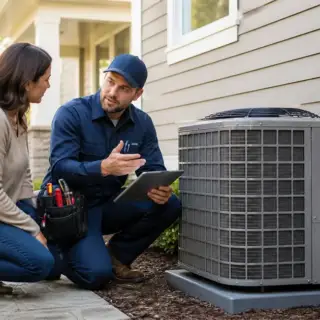 An A/C Rescue technician explains options to a homeowner.