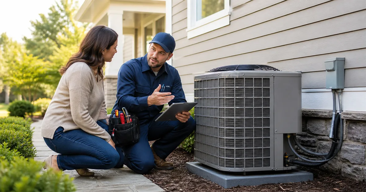 An A/C Rescue technician explains options to a homeowner.