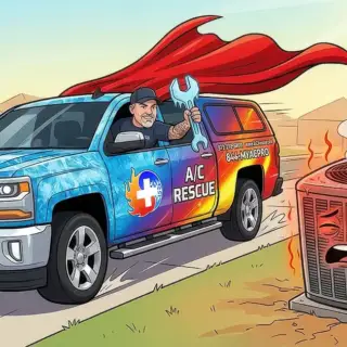 A/C Rescue technician in blue truck with red cape arrives at overheated residential air conditioning unit in Texas home during extreme summer heat