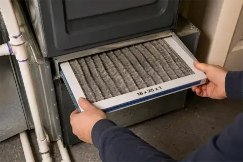 Technician holding a dirty gray AC air filter labeled 16 x 25 x 1 during maintenance inspection
