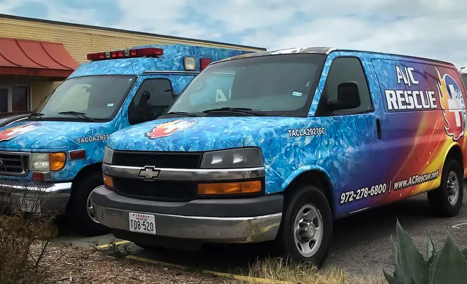 AC Rescue has beautiful vans and trucks ready to save the day when you have an AC emergency